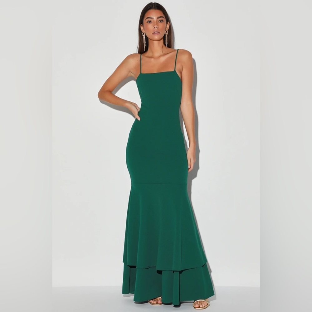 Lulus Tier and There Hunter Green Tiered Trumpet Hem Maxi Dress